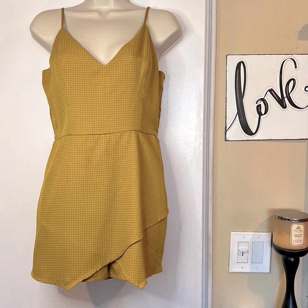 BLUEBLUSH Women’s Checkered Print Skort Romper in Mustard